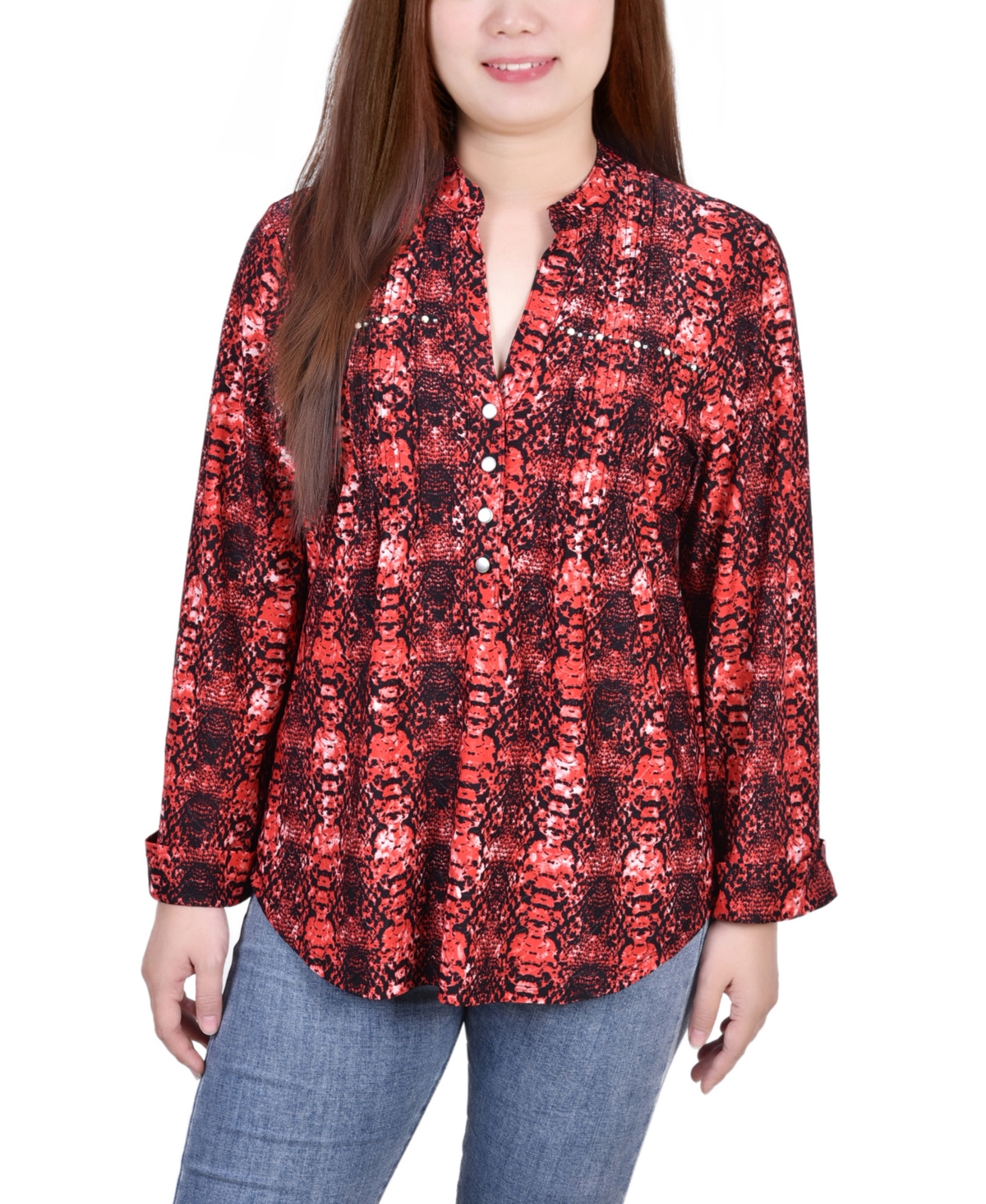 Shop Ny Collection Petite Size Long Sleeve Jacquard Knit Y-neck Top In Berry Plaid