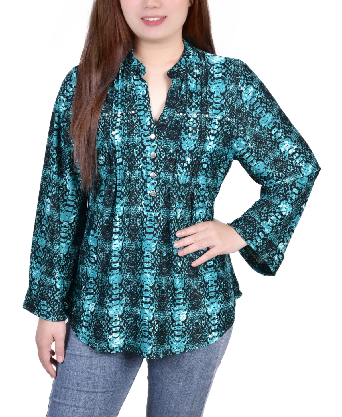 Ny Collection Petite Size Long Sleeve Jacquard Knit Y-neck Top In Teal Plaid