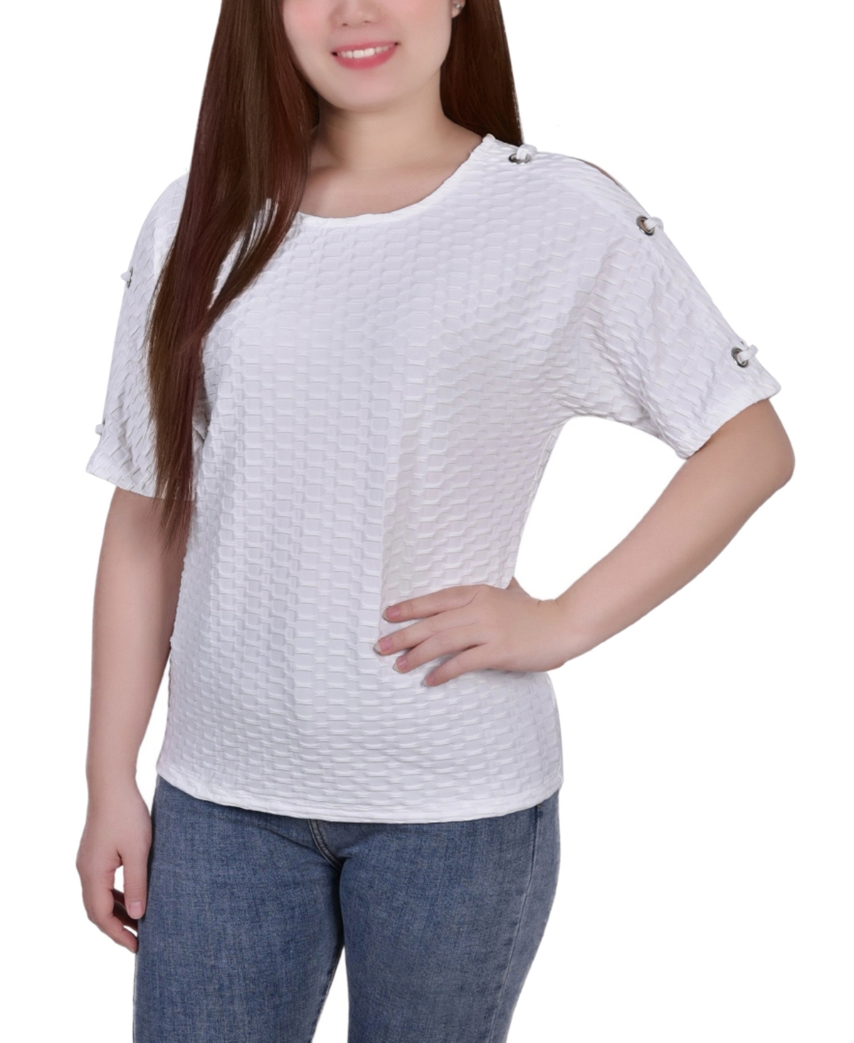 Ny Collection Plus Size Short Sleeve Honeycomb Textured Grommet Top In White