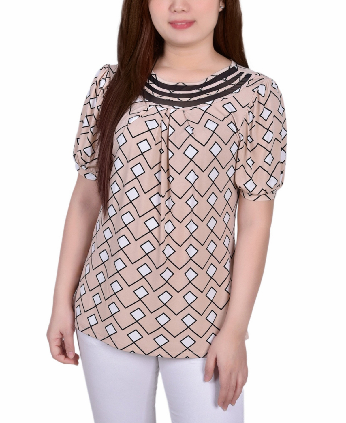 Ny Collection Women's Missy Short Puff Sleeve Sheer Inset Top In Moonlight White Diamond