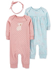 Baby Girls 3-Piece Footless Coveralls and Headband Set