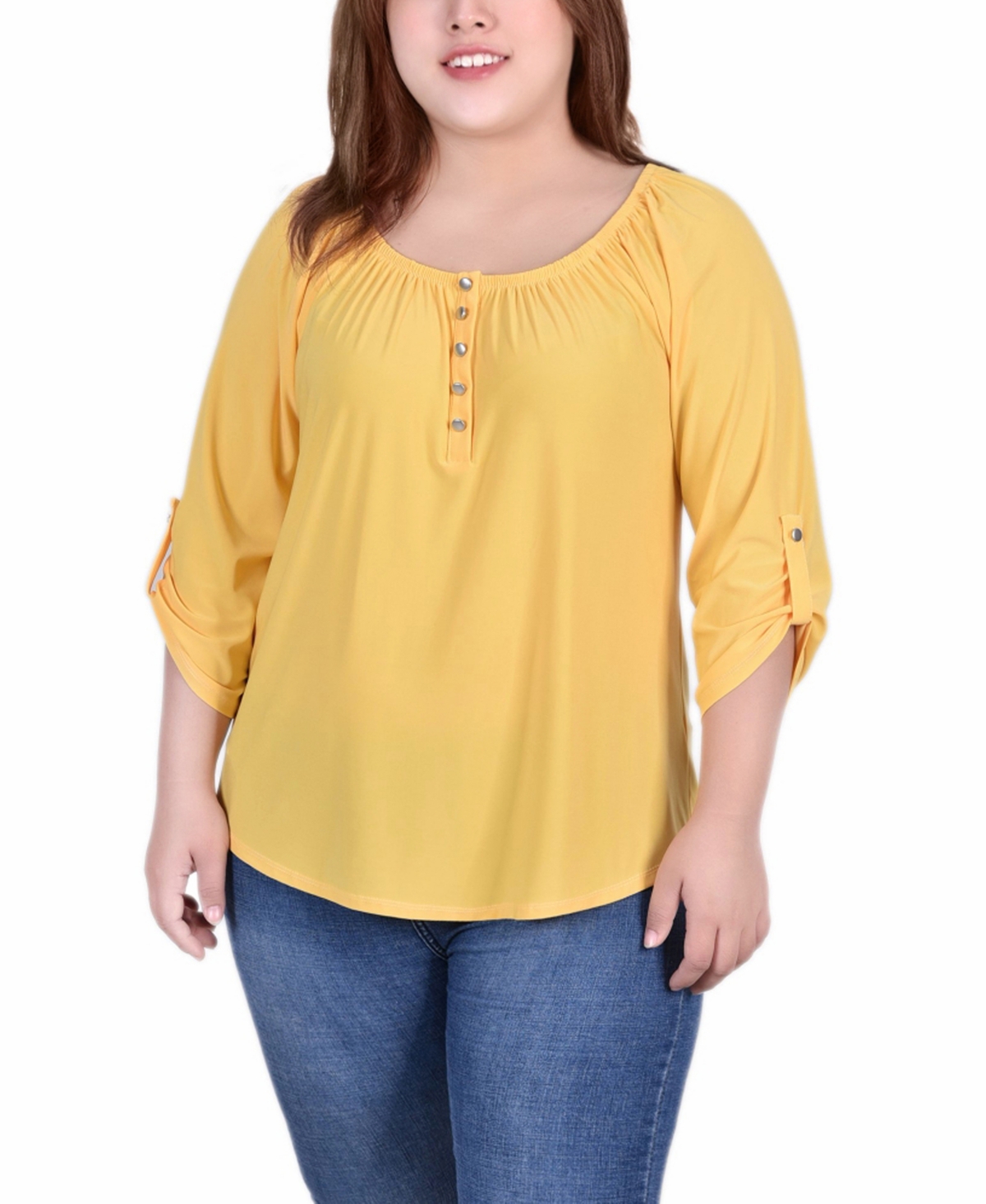 Ny Collection Plus Size Short Sleeve Round Neck Henley Top In Samoan Sun