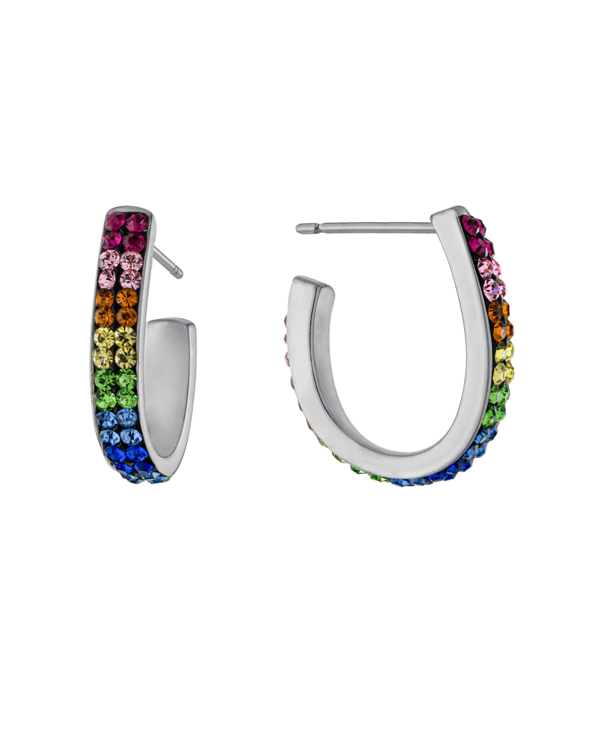 Macy's Women's Rainbow Color Crystals J Post Hoop Earrings In Fine Silver Plated Brass