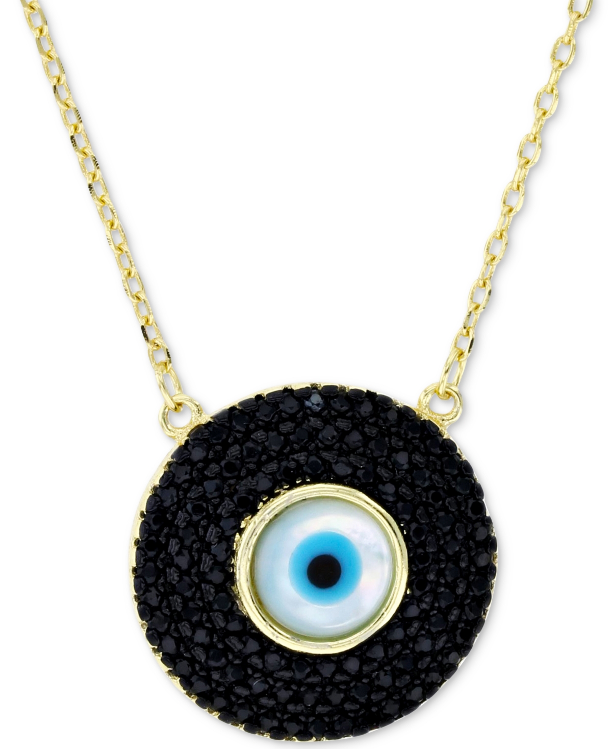 Macy's Cubic Zirconia & Enamel Evil Eye Pendant Necklace In 14k Gold-plated Sterling Silver, 16" + 1" Exten In Black