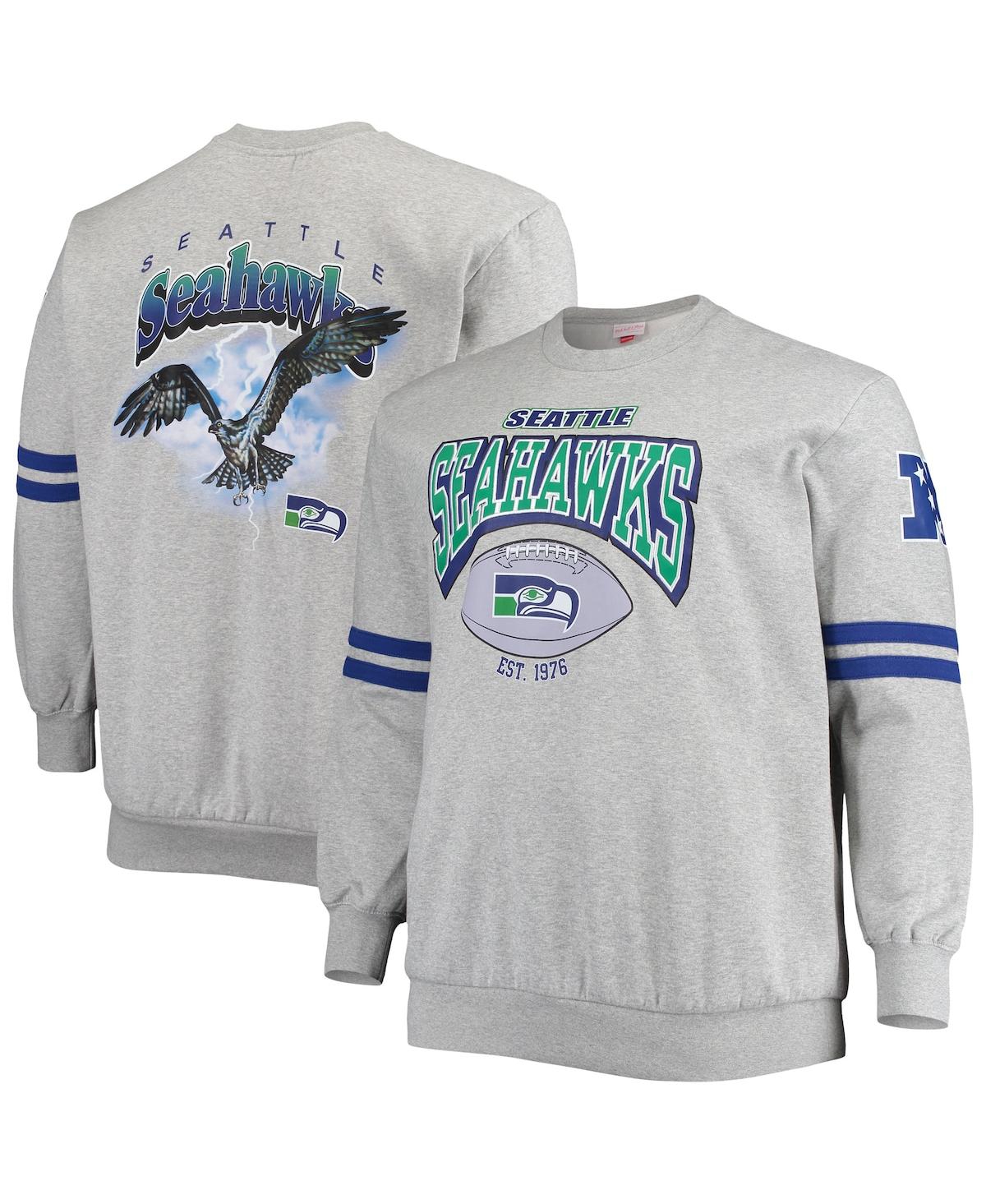 MITCHELL & NESS MEN'S MITCHELL & NESS HEATHER GRAY SEATTLE SEAHAWKS BIG AND TALL ALLOVER PRINT PULLOVER SWEATSHIRT