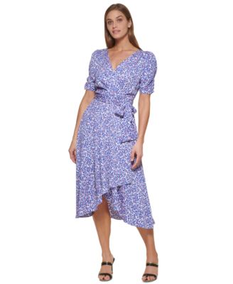 DKNY Women's Floral Print Faux Wrap Gown Blue Size 2