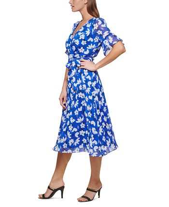 DKNY Floral-Print Ruffled-Sleeve Faux-Wrap Dress - Macy's