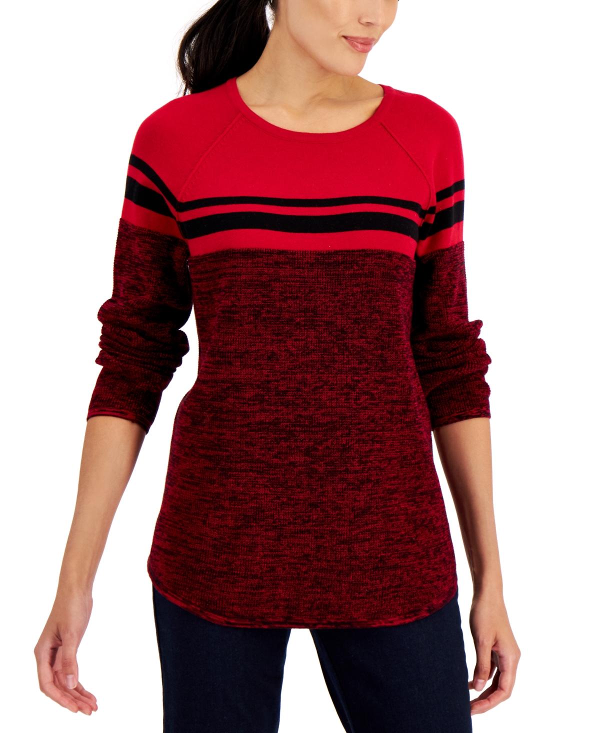 Karen Scott Women's Cotton Colorblocked Sweater, Created For Macy's In New Red Amore