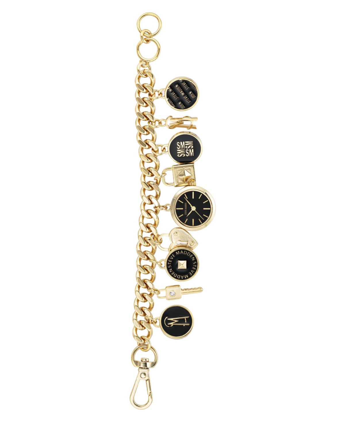 Steve Madden Women's Gold-tone Polished Metal Charm Bracelet Watch, 22mm In Gold-tone,black