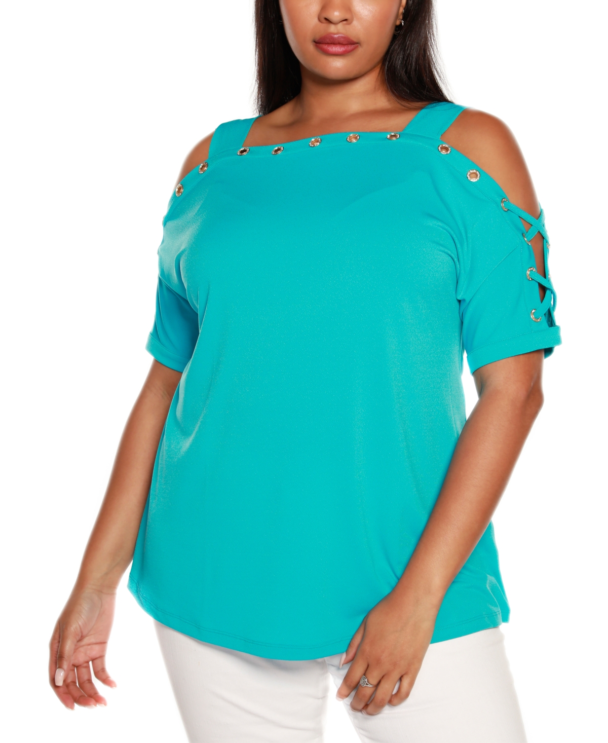 Belldini Plus Size Cold Shoulder Top In Blue Bliss/gold