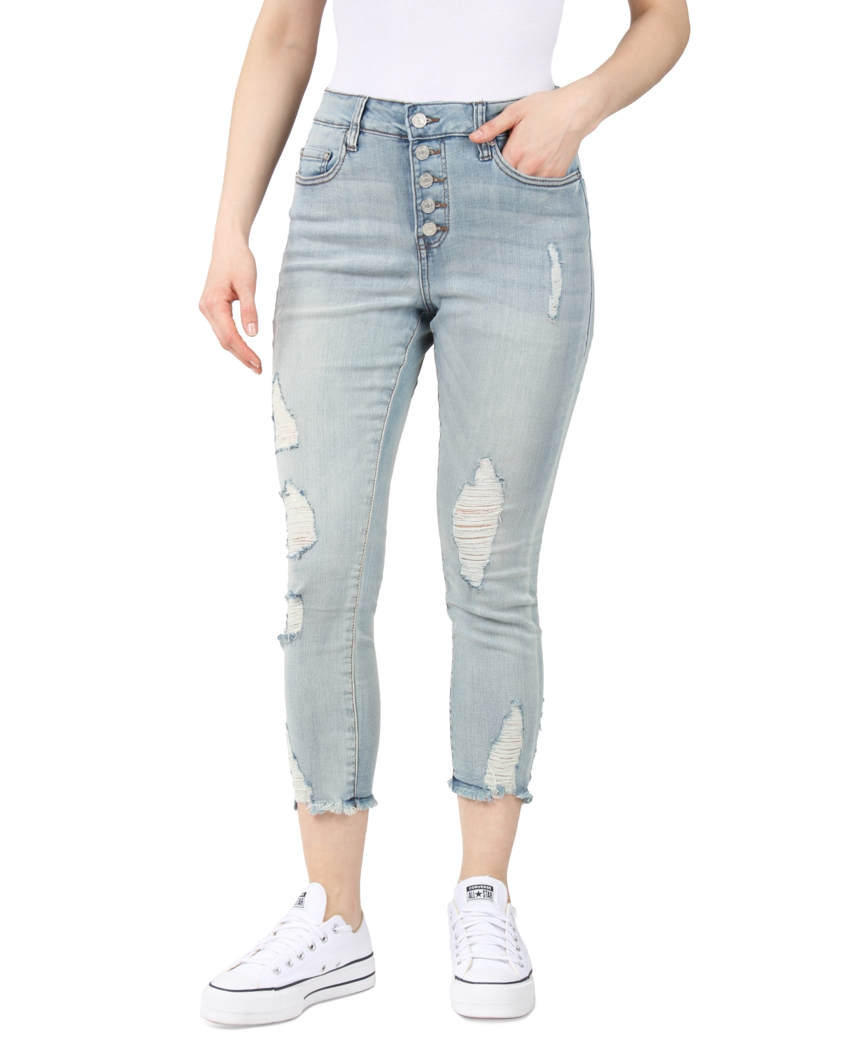 Juniors' Distressed Cropped Jeans - Med Blue