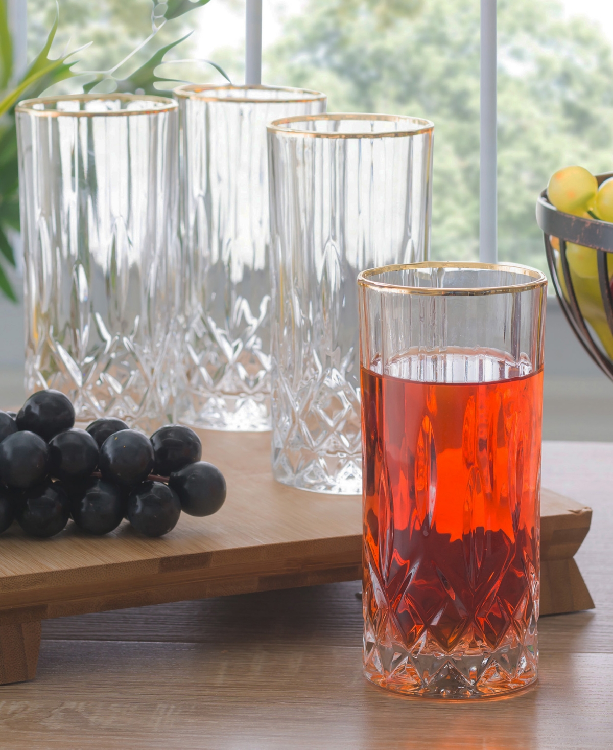 Opera Gold Collection 4 Piece Crystal High Ball Glass with Gold Rim Set - Gold-Tone