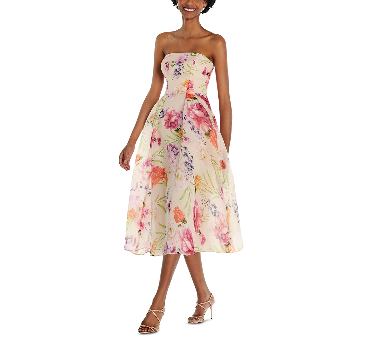 ALFRED SUNG WOMEN'S STRAPLESS FLORAL ORGANDY MIDI DRESS