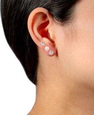 Giani Bernini 3-Pc. Cubic Zirconia & Cultured Freshwater Pearl (7mm) Stud Earrings in Sterling Silver, Created for Macy's