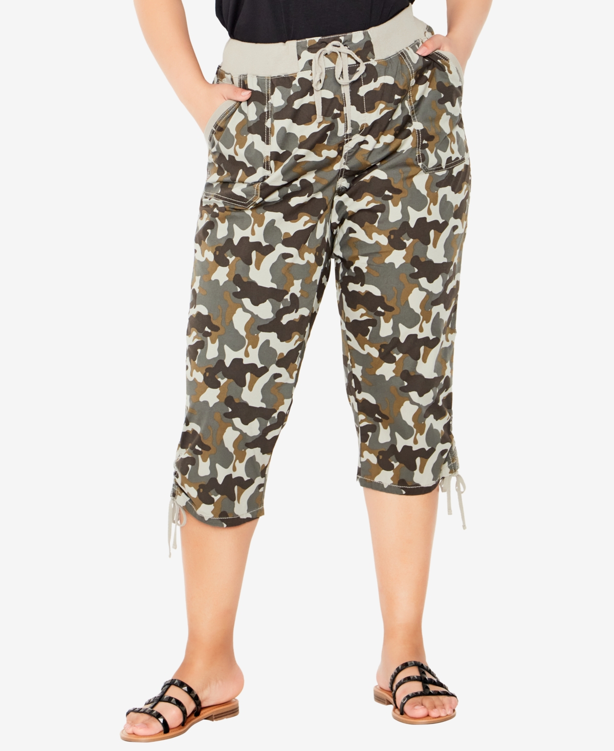 Shop Avenue Plus Size Cotton Cinch Print Capri Pants In Camouflage