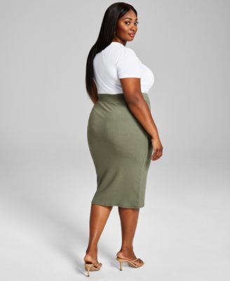 Bar III Trendy Plus Size Bodycon Ribbed Midi Skirt, Created for Macy's - Dusty Olive - Size 1x