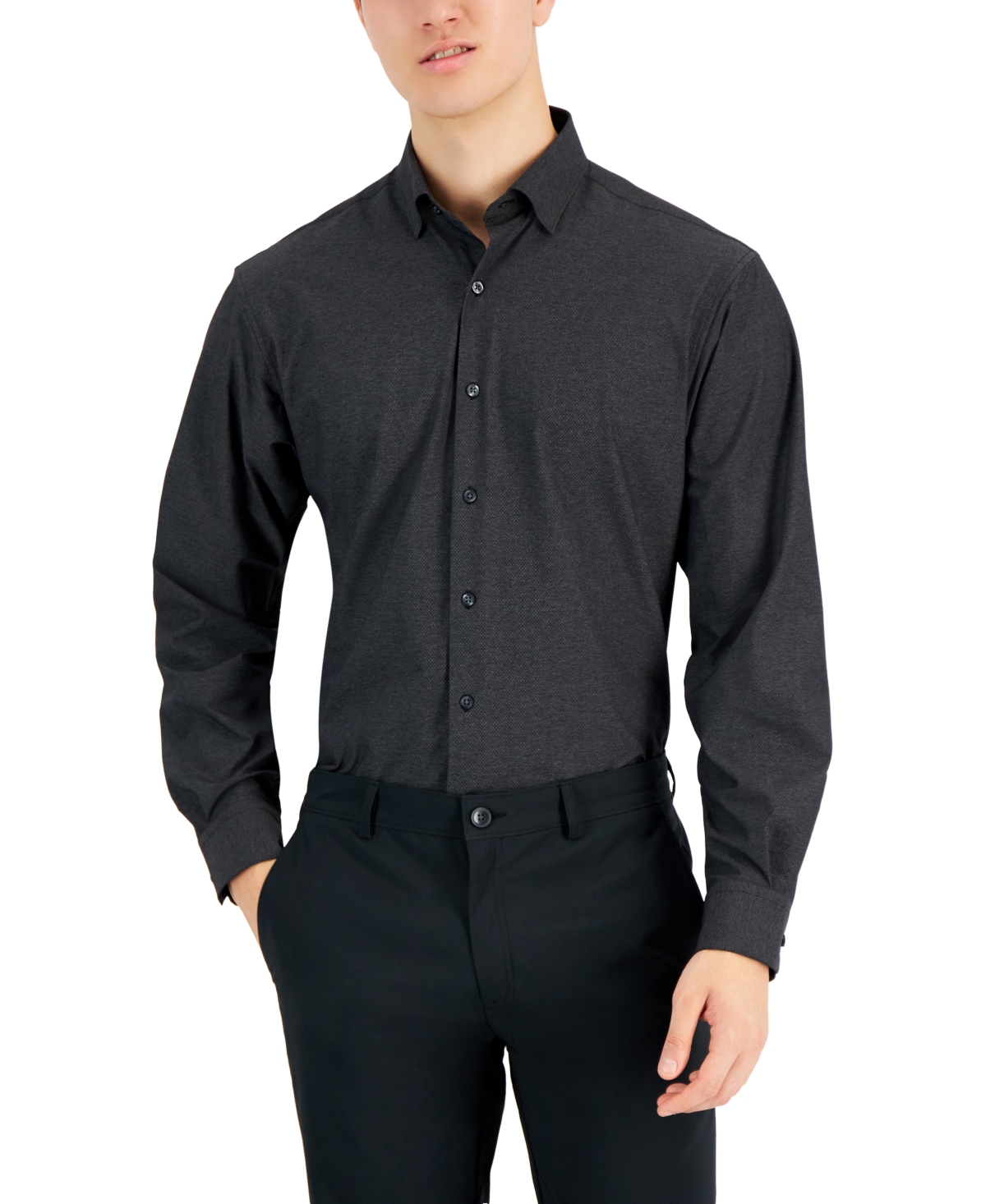 Men's Regular Fit Travel Ready Solid Dress Shirt, Created for Macy's - Deep Black