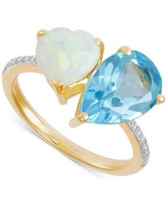 Macy's - Swiss Blue Topaz (2-3/8 ct. t.w.), Lab-Grown Opal (3/4 ct. t.w.) & Diamond (1/20 ct. t.w.) Ring in 14k Gold-Plated Sterling Silver