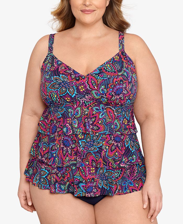 Swim Solutions Plus Size Tummy-Control Tiered Fauxkini, Created For ...