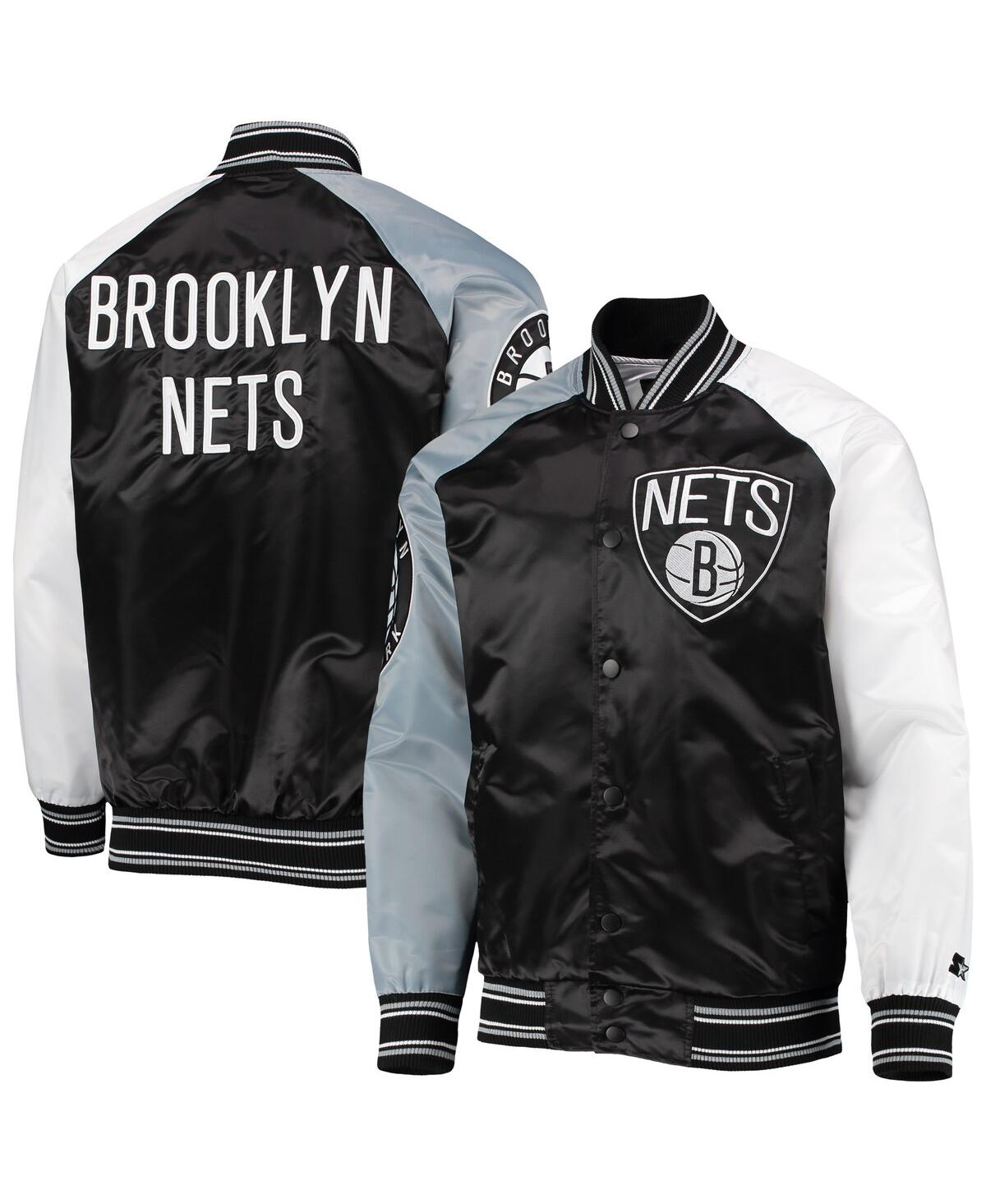 Starter Gray Brooklyn Nets Slider Satin Full-snap Varsity Jacket In Black,gray