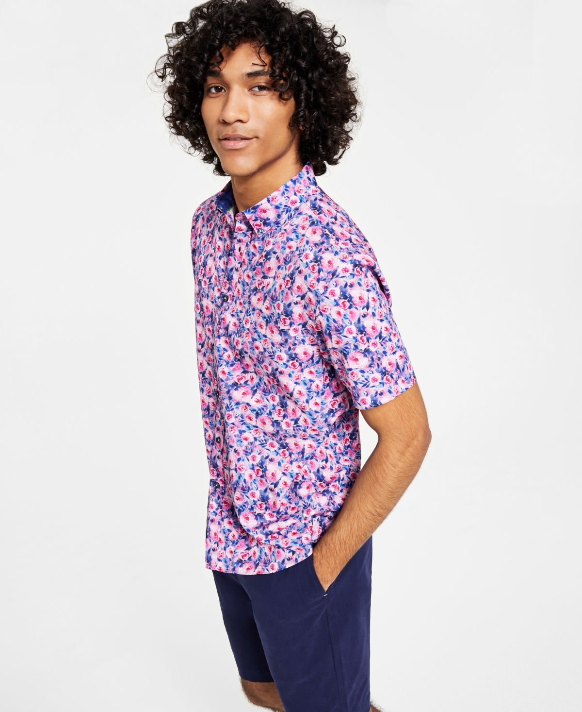 Society Of Threads Men's Slim-fit Performance Stretch Floral Print Short-sleeve Button-down Shirt In Pink