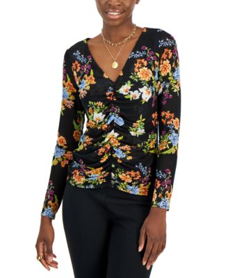 INC International Concepts - Petite Printed Ruched-Front Top