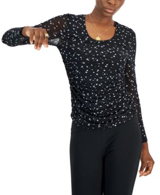 INC International Concepts - Petite Printed Side-Ruched Mesh Top
