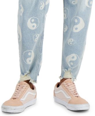 Tinseltown Juniors' Distressed Ying-Yang-Print Mom Jeans