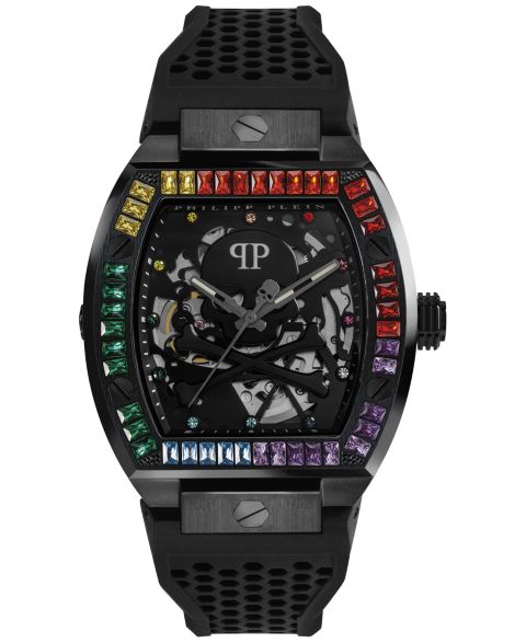 Мужские часы Philipp Plein Automatic The $keleton Rainbow Crystal and Black Silicone Strap Watch 44mm