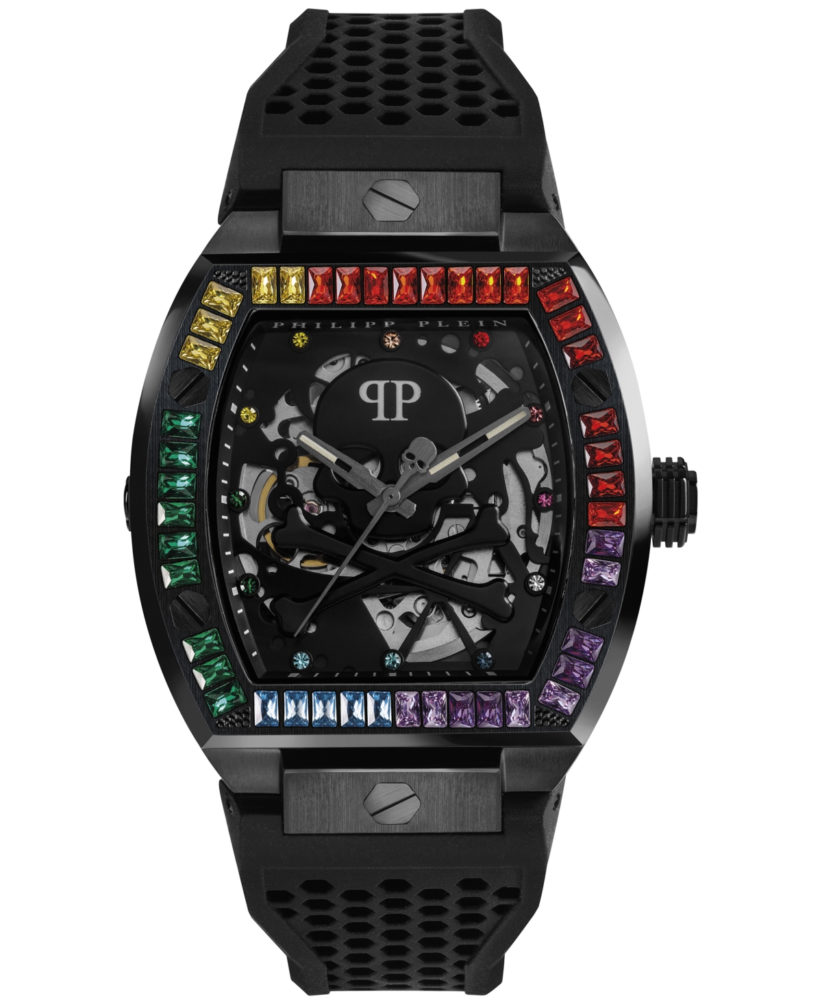 PHILIPP PLEIN MEN'S AUTOMATIC THE $KELETON RAINBOW CRYSTAL AND BLACK SILICONE STRAP WATCH 44MM