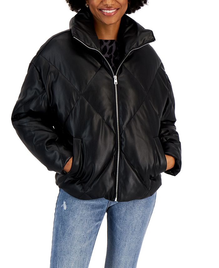Macys Girls Clothing Jackets Puffer Jackets Juniors Quilted Faux-Leather Puffer Coat 