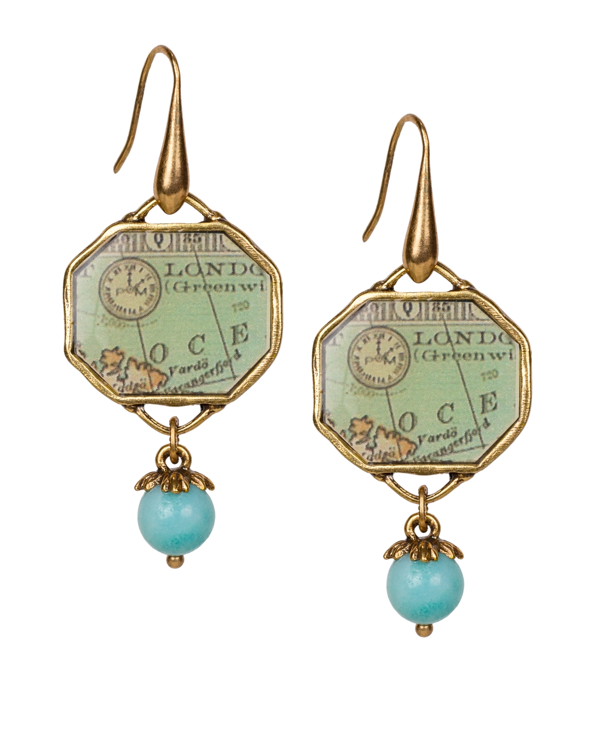 Patricia Nash Gold-tone Octagonal Map & Bead Drop Earrings In Green,russian Gold
