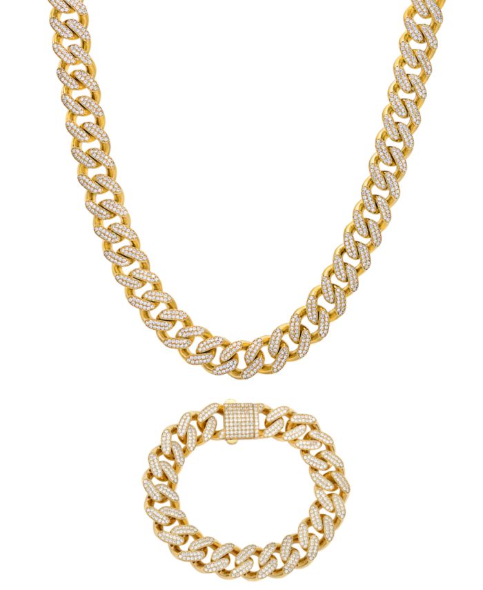 Men's Cubic Zirconia Curb Link Chain Necklace and Bracelet in 24k