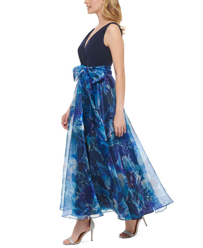 Eliza J Petite Tie-Waist Organza-Skirt Ball Gown - Macy's