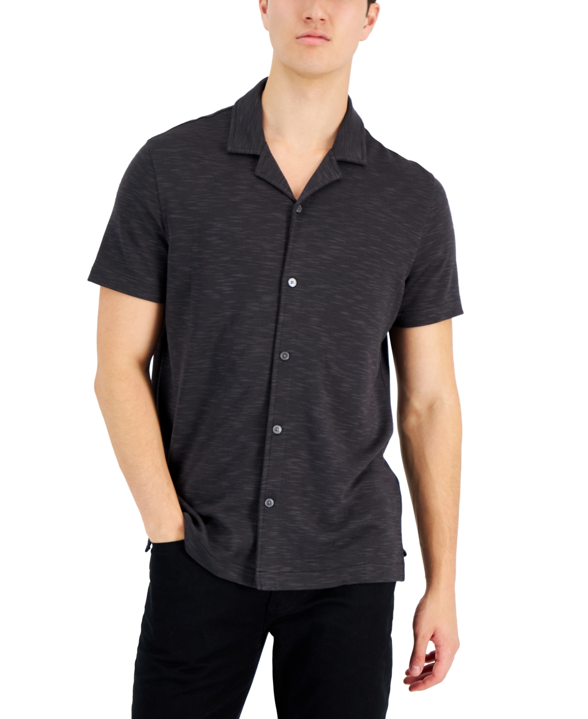 Shop Alfani Men's Slub Pique Textured Short-sleeve Camp Collar Shirt, Created For Macy's In Deep Black