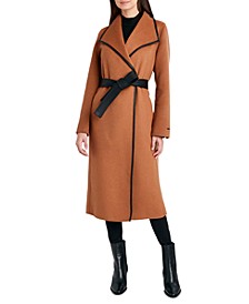 Women's Faux-Leather-Trim Belted Wrap Coat