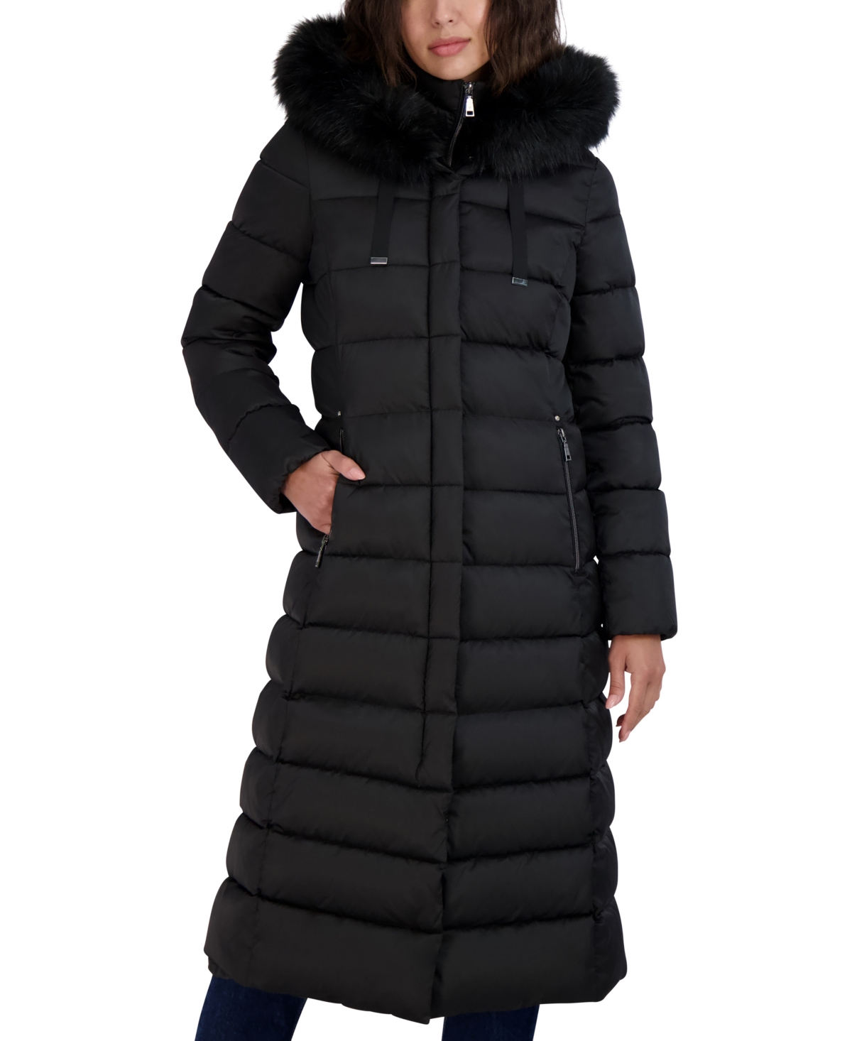 Shop Tahari Womens Maxi Shine Bibbed Faux-fur-trimmed Hooded Puffer Coat In Black