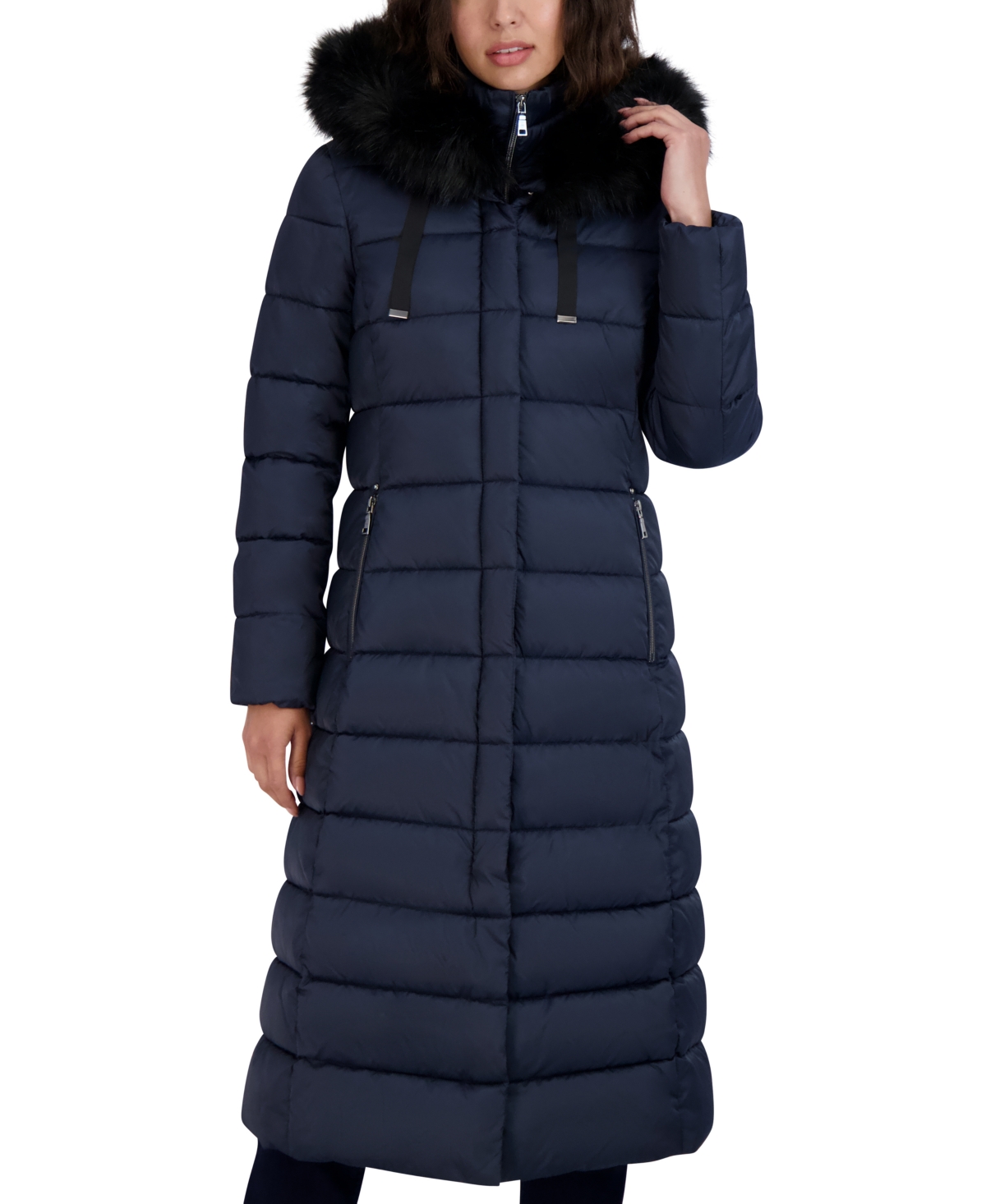 Womens Maxi Shine Bibbed Faux-Fur-Trimmed Hooded Puffer Coat - Galaxy