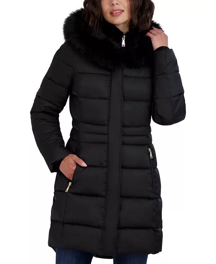 Womens Velvet Bibbed Faux-Fur Hooded Puffer Coat
