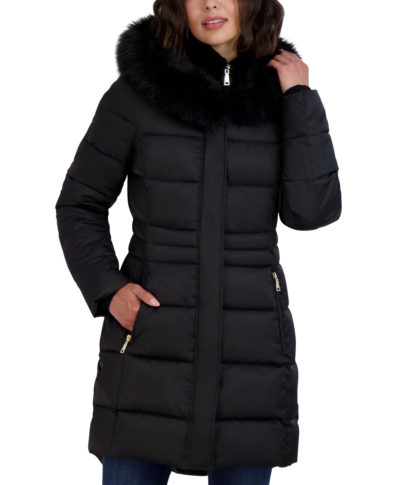 Womens Velvet Bibbed Faux-Fur Hooded Puffer Coat