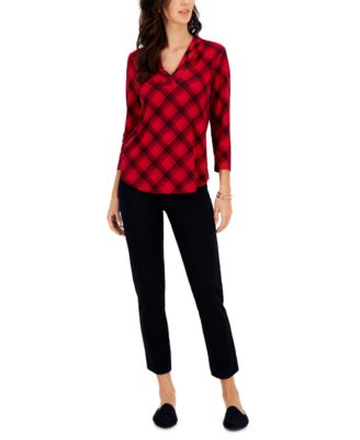 Charter Club Petite Plaid 3 4 Sleeve Top Tummy Control Ponte Knit Pants Created For Macys