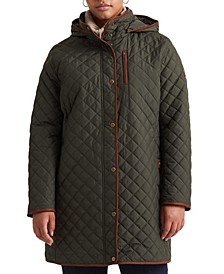 Plus Size Faux-Leather Trimmed Hooded Quilted Coat, Created for Macy's