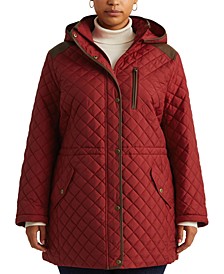 Plus Size Faux-Leather Trimmed Hooded Anorak Quilted Coat, Created for Macy's
