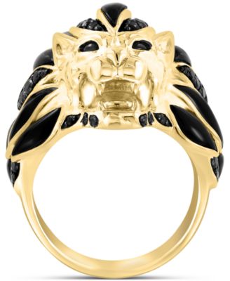 EFFY&reg; Men's Black Spinel & Enamel Lion Ring in 14k Gold-Plated Sterling Silver