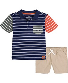 Little Boys Stripe Colorblock Polo Shirt and Twill Shorts, 2 Piece Set