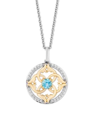 Enchanted Disney Fine Jewelry - Swiss Blue Topaz (1/4 ct. t.w.) & Diamond (1/6 ct. t.w.) Jasmine Pendant Necklace in Sterling Silver & 14k Gold, 16" + 2" extender