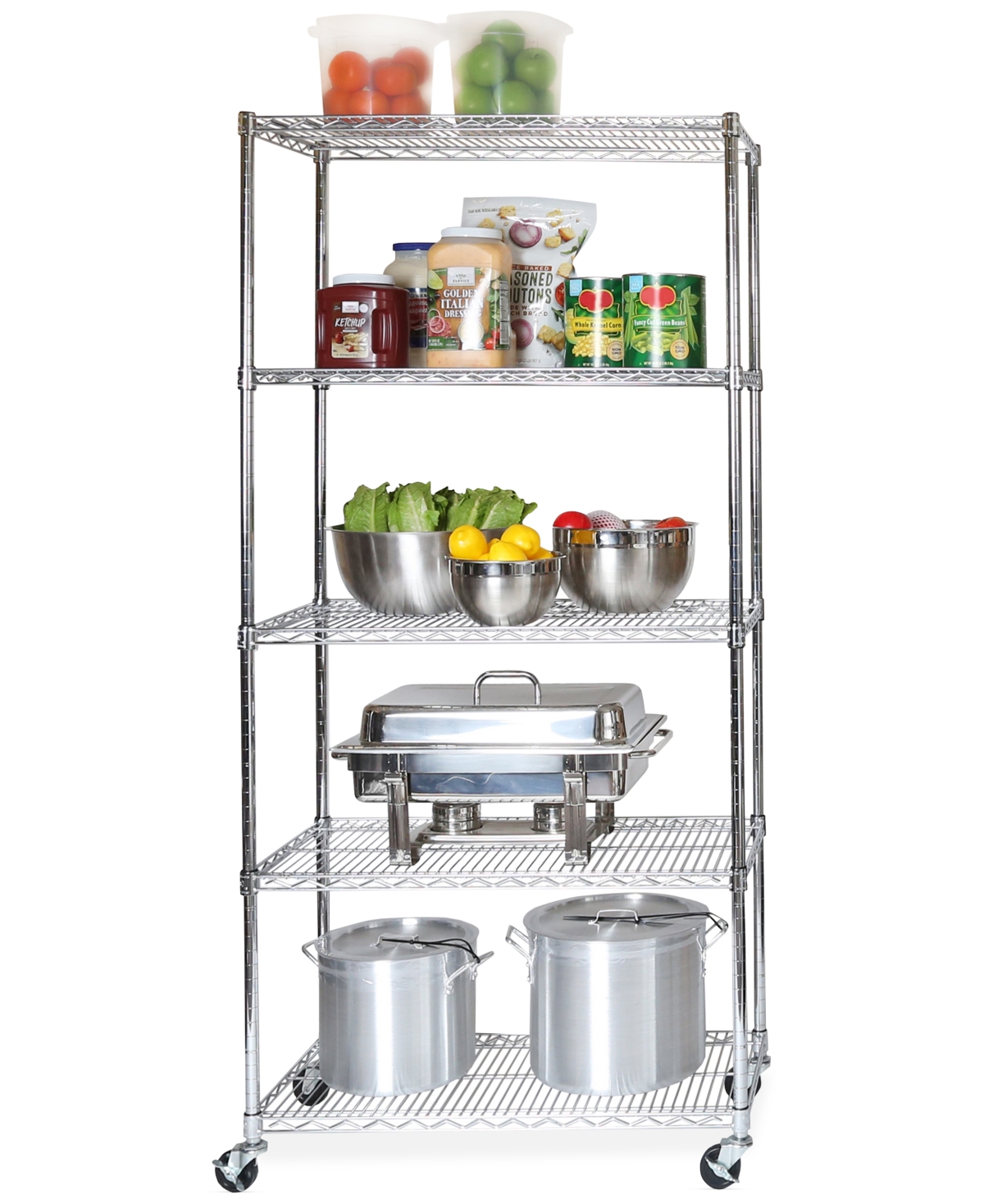 Commercial-Grade 5-Tier Nsf-Certified Steel Wire Wheeled Shelving - Chrome