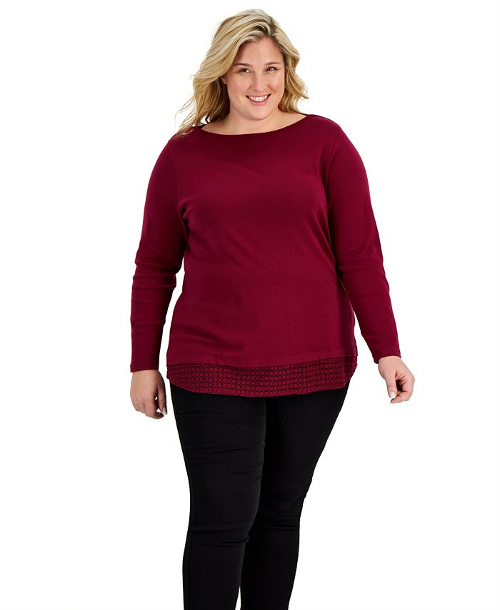 Karen Scott Plus Size Cotton Lace-Hem Top, Created for Macy's - Macy's