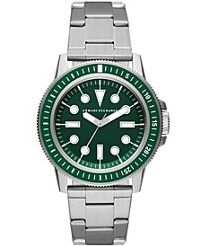 Men's Dive Inspired Silver-tone in Stainless Steel Link Bracelet Watch with Dark Green Dial, 42mm