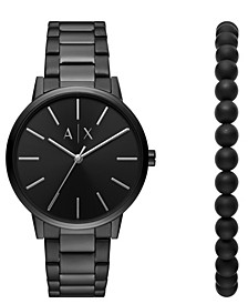 Men's Black Plated Stainless Steel Watch Gift Set with Black Beaded Bracelet Set, 42mm